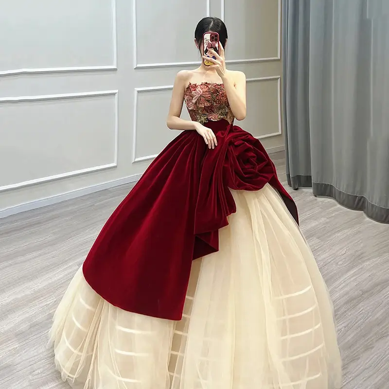 2024 Phụ Nữ Mới Sang Trọng Tăng Thêu Buổi Tối Ăn Mặc Không Tay Bóng Gown Wedding Dress