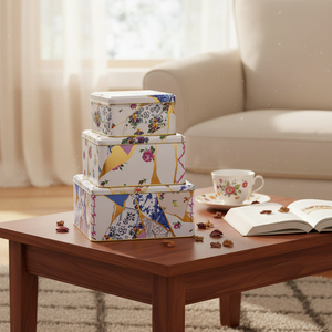 ชุดกล่องเก็บของโลหะสี่เหลี่ยมขนาด235มม. x 235มม. X 110มม. (ชุด3ชิ้น) kintsugi ดอกไม้เส้นสีทองดีไซน์แบบ kintsugi - Product Image 3