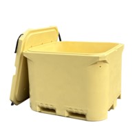 Boîte à poisson isotherme à double paroi en PU de 850 L, conteneur empilable avec base pour chariot élévateur pour le transport de fruits de mer