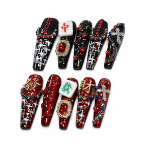 Ongles artificiels de luxe faits à la main avec strass 3D, forme amande, couverture complète en acrylique, 10 pièces pour soirée - Product Image 4