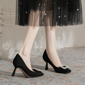 Zapatos de Tacón Alto con Punta Cuadrada de Gamuza Negra, Decoración de Hebilla con Pedrería, Estilo Slip-On - Product Image 4