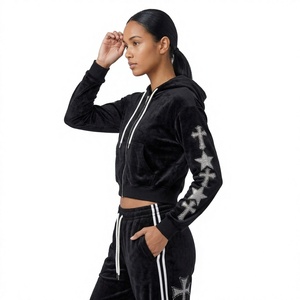 <b>Women</b> Black <b>Velvet</b> <b>Tracksuit</b> Zip Up Cropped Hoodie And Jogger Pants With Rhinestone Sleeve - Product Image 4