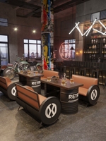 Canapé en forme de fût d'huile en fer, style industriel, éco-responsable, personnalisable en couleur, pour restaurants et hôtels commerciaux