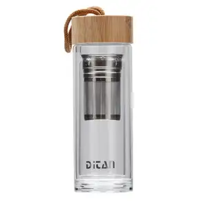 无BPA饮用绝缘500毫升双层硼硅酸盐玻璃水瓶，带304不锈钢注入器竹盖