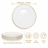 Assiette de présentation décorative en verre transparent de 13 pouces avec bord doré pour mariage, banquet, événement, table de réception, hôtel, restauration, fête