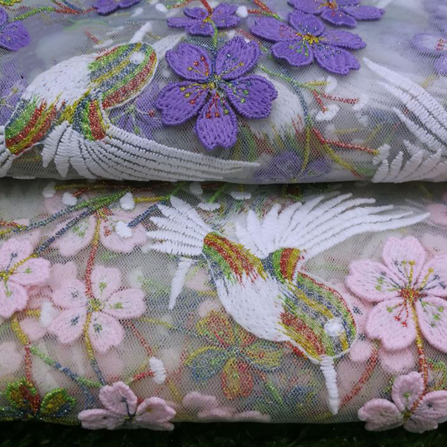 Wholesales mesh colorful plum flower bird bridal embroidery lace fabric