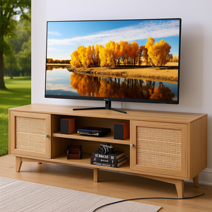 Mueble de TV Moderno de Mediados de Siglo, de Roble, 66 Pulgadas, con Puertas de Ratán y Estante Ajustable, para Sala de Estar - Product Image 2