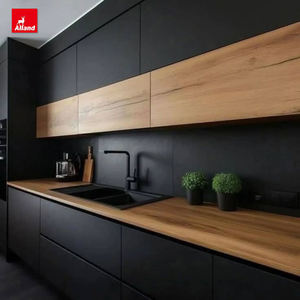 Alland Contreplaqué en forme de L Laque noire <span class=keywords><strong>Verre</strong></span> moderne Armoires de cuisine modulaires personnalisées - Product Image 2
