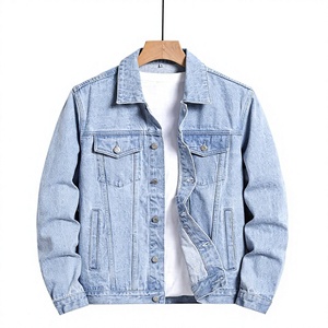 Veste en jean bleu clair pour homme, col rabattu, fermeture boutonnée, manches classiques, vêtement de printemps, en coton, finition délavée - Product Image 1