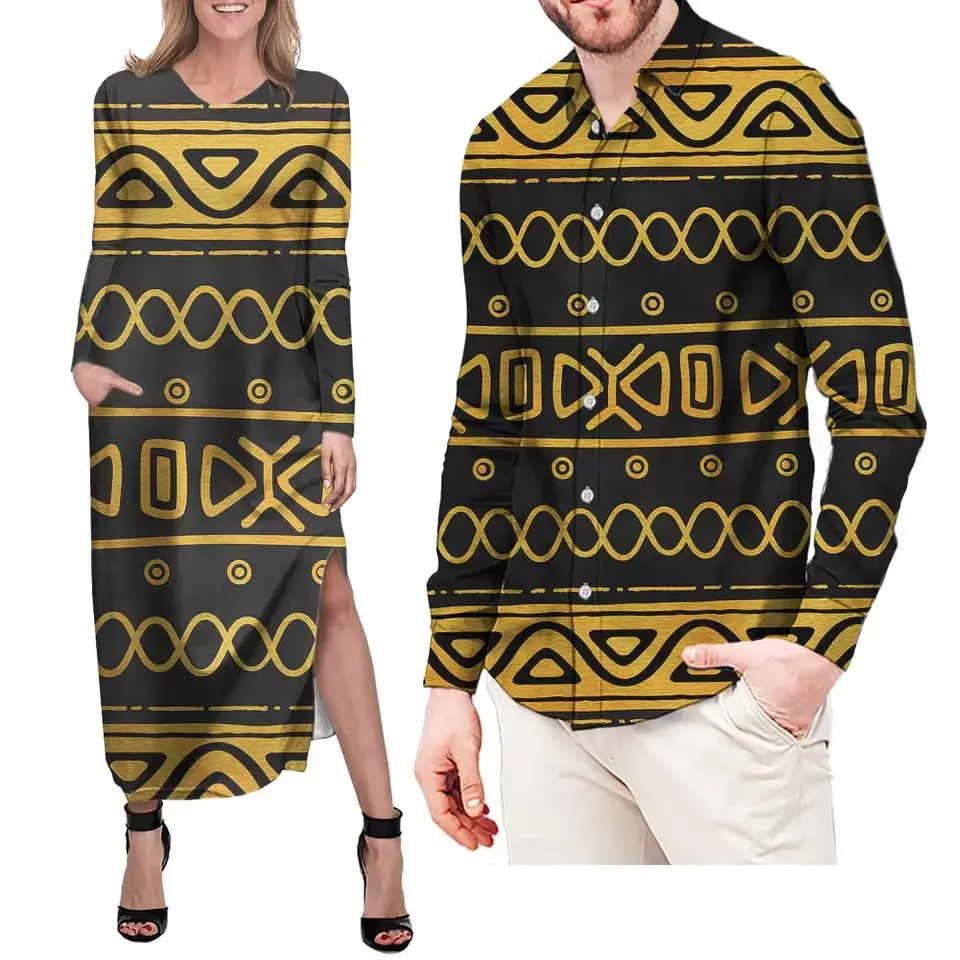 African Style Couple Clothing Yellow/Black Tribal Polynesian Print Summer Fall Couple Clothing 2022 2pcs Women Long Sleeve Maxi