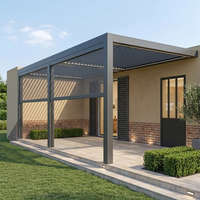 Pergola bioclimatique de luxe en alliage d'aluminium gris foncé motorisée avec stores, porte pliante en verre, éclairage LED, pour terrasse, villa, spa