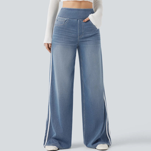 Jean évasé vintage <span class=keywords><strong>bleu</strong></span> délavé pour femme, coupe <span class=keywords><strong>ample</strong></span>, taille élastique, en tissu Oxford anti-plis, idéal pour l'été - Product Image 2
