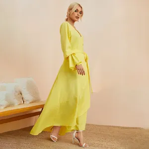 Custom New Arrivals Summer Boho Dress For Women Ankle-Length Yellow Casual V-Neck Maxi With Long Sleeves Dress