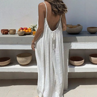 Robe longue en polyester pour femme, col licou, sans manches, dos nu, bretelles à nouer, couleur unie, coupe ample, qui flattere la silhouette