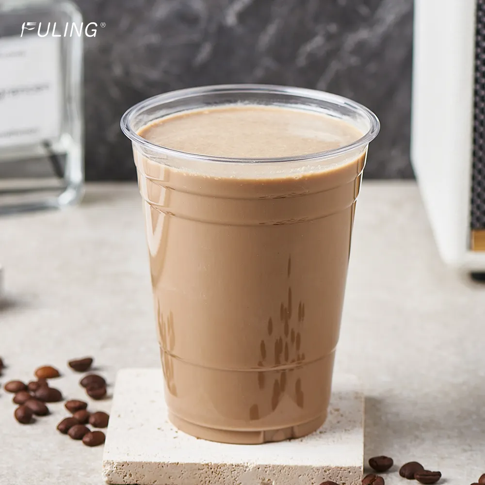 FULING Custom Printed Disposable Plastic PET Milkshake Disposable Coffee Cup With Lids Manufacturer