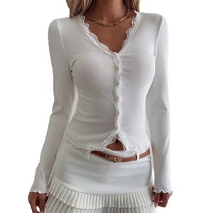 Cardigan a <span class=keywords><strong>maniche</strong></span> <span class=keywords><strong>lunghe</strong></span> con scollo a V e inserti in <span class=keywords><strong>pizzo</strong></span>, antiscivolo, stile europeo-americano, per l'autunno inverno 2026 - Nuova collezione - Product Image 5