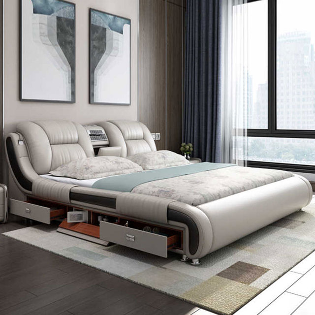 Modern and Simple Master Bedroom Double Bed, Solid Wood and Leather Bed, Smart and Multi-functional Storage Wedding Soft Bed