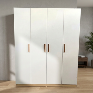 Modern White <b>Wardrobe</b> With Wooden Handles Freestanding Bedroom Storage Cabinet Minimalist Design - Product Image 1