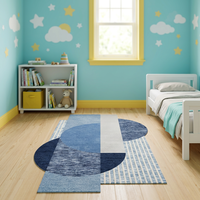 Tapis géométrique abstrait en peluche bleu et blanc |   Design Rectangulaire Moderne |   Polyester tufté à la main avec support antidérapant en coton
