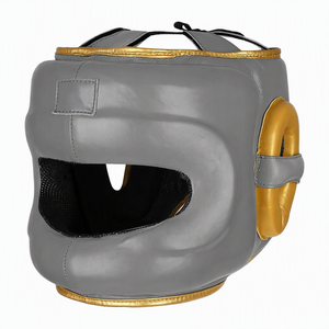 Protector de Cabeza para Boxeo, Cuero PU, Protección Deportiva, Gris con Detalles Dorados, Cierre de Gancho y Bucle, Unisex, Adulto - Product Image 1