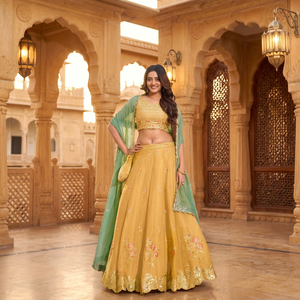 TENNECY Traditional Coding Dori Thread Sequence Lace Border Women's <b>Wedding</b> Diwali Lehenga <b>Top</b> NC Moss Silk Quick Dry Salsa - Product Image 1