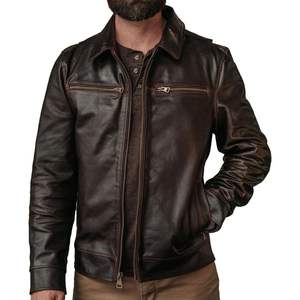 Blouson de moto en cuir pour homme, col chemise, style vieilli, fermeture éclair, style Cafe Racer, épaisseur standard, manches classiques - Product Image 3