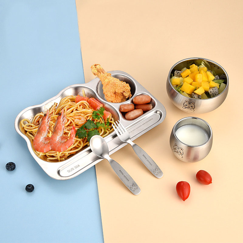 2026 High Quality 304 Stainless Steel Eco-Friendly BPA Free Kids Divided Food Plate Animal Shaped Cartoon Dinnerware Dishwasher