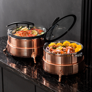 Juego de buffet de plato de frotamiento de lujo para Hotel comercial de acero inoxidable 304 de oro rosa, calentador de alimentos eléctrico con tapa de vidrio - Product Image 1