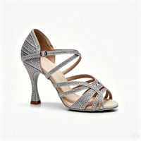 Chaussures de danse latine professionnelles pour femmes, paillettes argentées, talons hauts en strass, semelle en daim souple, chaussures de danse salsa, bachata, ballroom