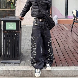 Stonewashed Wide Leg Denim Pants With White Embroidery Streetwear Style High Waist Loose Fit Cotton Midweight <b>Winter</b> <b>Jeans</b> - Product Image 3