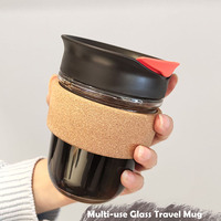 Gobelet de voyage réutilisable en verre borosilicate pour café ou thé, avec logo personnalisé, 360 ml/12 oz, avec couvercle et manchon en liège