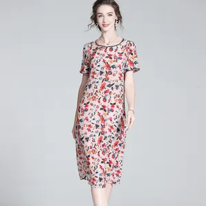 New Arrival xxl size women casual dress Crepe de chine satin silk dress Round neck floral dresses women