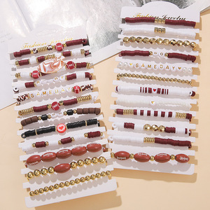 Fashion <b>Beaded</b> <b>Bracelet</b> Set Red White Gold Football Theme Unisex Gift Jewelry - Product Image 1