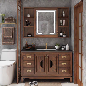 New Chinese style <b>solid</b> <b>wood</b> bathroom cabinet combination red oak floor-standing bathroom washbasin - Product Image 3