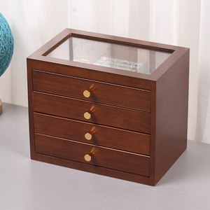 Transparent Wooden Jewelry Box Rectangle Modern Style <b>With</b> Glass Top And Four <b>Drawers</b> For Earring Storage Display - Product Image 1