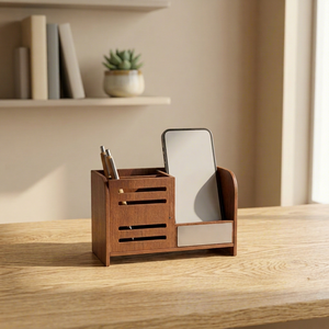 Wooden Desk Organizer Pen Stand Clock <b>Name</b> <b>Plate</b> Multi Compartment Table Organizer Custom Logo Print Standard Size for Office - Product Image 1