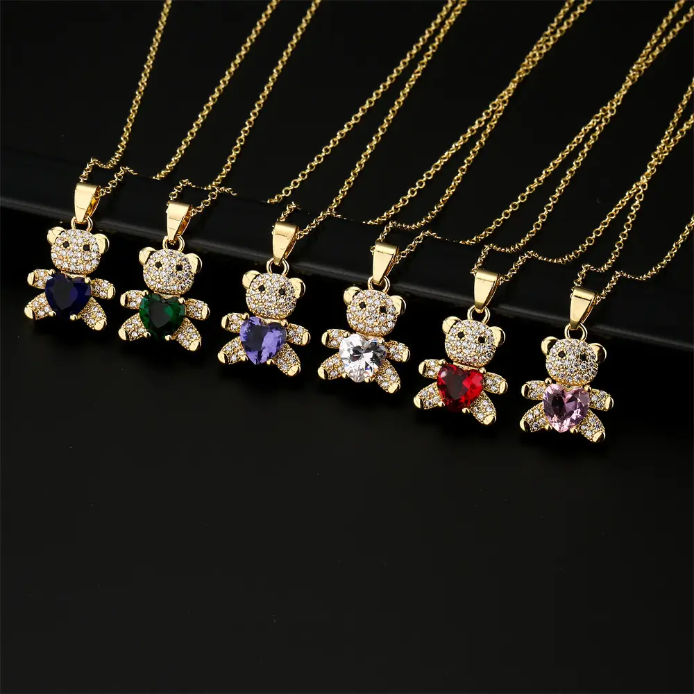 Wholesale Animal Bear Charm Pendant Chain Necklace Jewelry Brass Gold Plated Bling Diamond Crystal Heart Teddy Bear Necklace