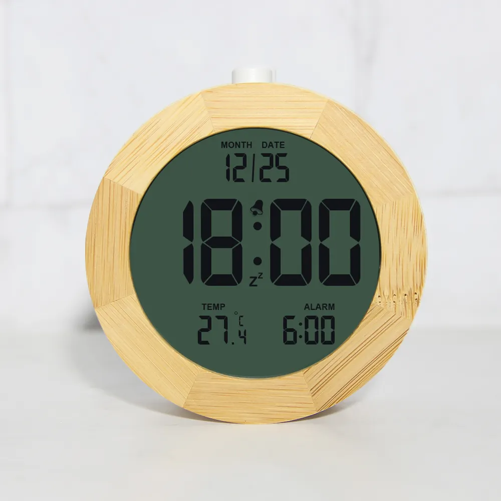EMAF大型ディスプレイデスクトップテーブル時間温度日付LCDデジタルデスク目覚まし時計本物の竹フレーム付き