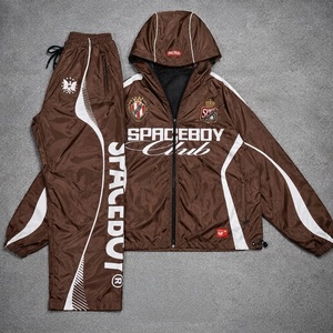 Clothing Manufacturer Custom Nylon Windbreaker Retro Y2K Sporty Crest Logo Embroider Full <b>Zip</b> <b>Hooded</b> Men's Tracksuit Set - Product Image 3