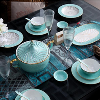 Assiettes en céramique service de table, assiettes à bords dorés bleues nordiques de 8 pièces, vaisselle en porcelaine, service de table de luxe