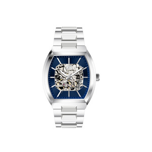 Montre à quartz pour homme à effet visuel squelette, forme tonneau, bracelet en métal, multicolore, pour affaires, soirées et occasions spéciales. - Product Image 1