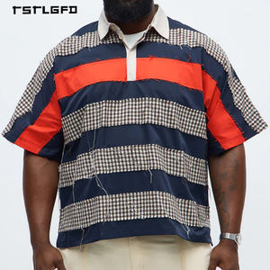 T-shirts pour hommes de haute qualité, personnalisés, vintage, color-block, OEM/ODM, bords bruts, patchwork pied-de-poule, style streetwear - Product Image 1