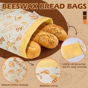 Sacs à pain réutilisables (lot de 2) pour pain au levain fait maison, en tissu coton et cire d'abeille – Fournitures de boulangerie et essentiels de cuisine - Product Image 3