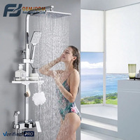 Juego de Ducha Cuadrado Cromado Pulido de Montaje en Pared con Efecto Lluvia, 3 Modos, Ducha de Mano, Estante y Grifo Mezclador Completo para Baño de Hotel