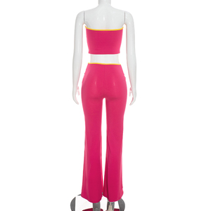 Viviblook Q26ST150 Women New Autumn <b>Set</b> <b>Sexy</b> Sleeveless Color Blocking Strapless Top Flared Pants Two Piece <b>Set</b> - Product Image 4