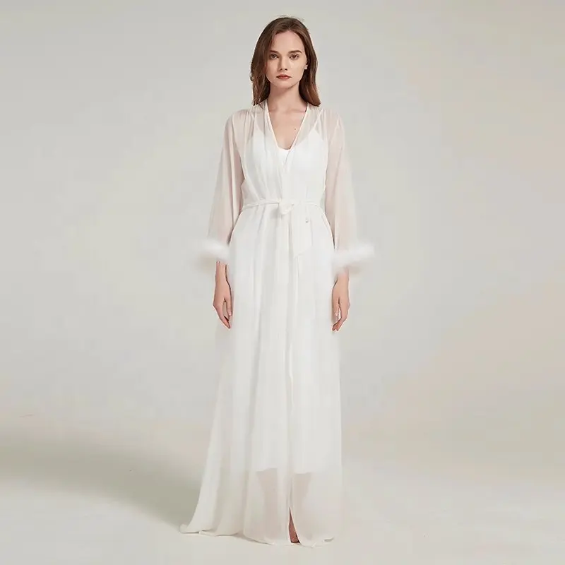 Sexy Bride Long Pregnancy Tulle Ruffled Puffy Party Robe Nightgown Wedding Robe Maternity Robe Luxury Crepe Georgette Long Silk