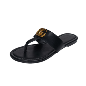 Black Genuine Leather T-Strap <b>Sandals</b> With Gold Buckle Open <b>Toe</b> Summer Fashion Flat Shoes - Product Image 1