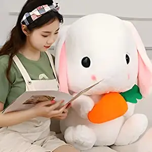 Neujahr 2024 Kaninchen sitzen Lop Eared Rabbit, Ostern White Rabbit Gefüllte Bunny Animal mit Karotte Soft Lovely Realistic Long-E