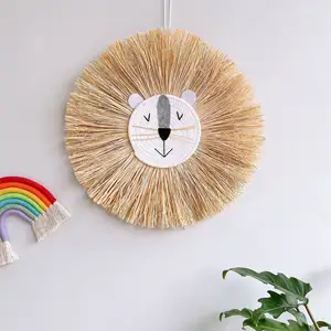 Ins Nordic Style Handmade Baumwoll seil gewebt Raffia Stroh Cartoon Tier Löwe Tiger Wandbehang für Kinderzimmer hängen Dekor