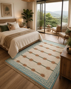 Tapis artisanal en laine et jute bleu à bordures bohèmes, motif géométrique Kilim, pour salon ou chambre, revêtement de sol style sud-ouest, taille personnalisable - Product Image 6